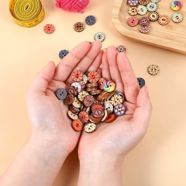100 stk. 15 mm vintage træknapper 2-hullers trykte knapper til DIY-håndværk