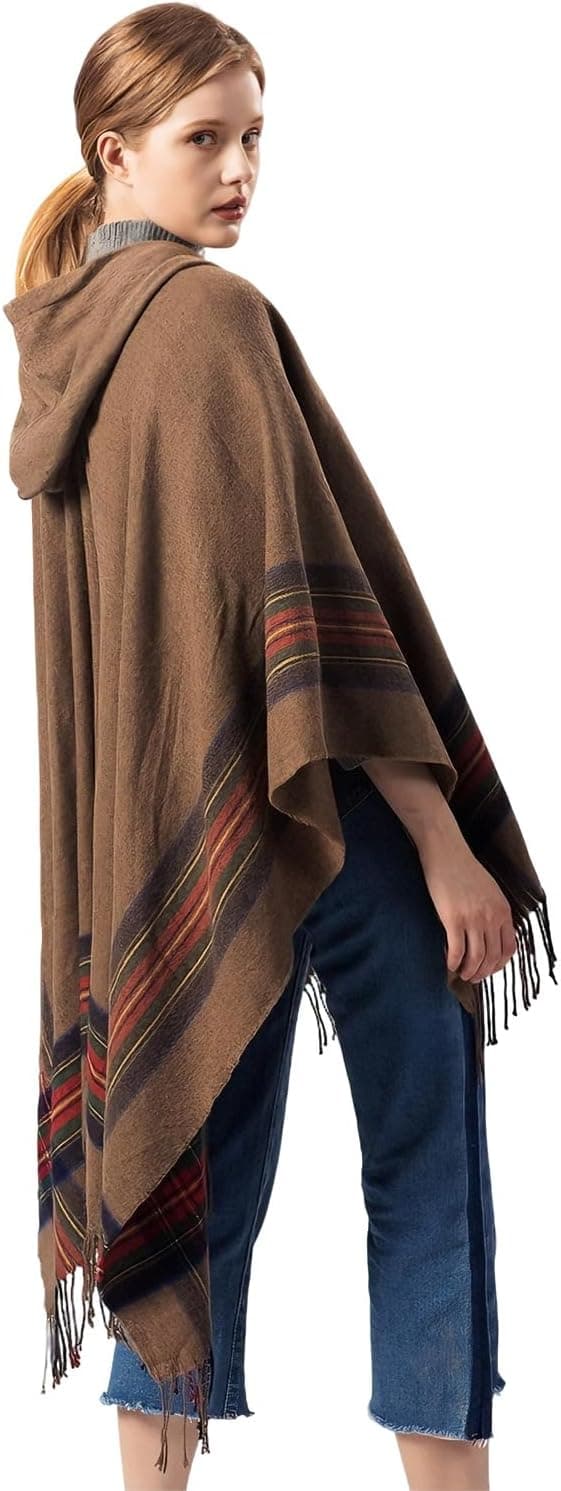 Stickad poncho-sjal för dam, öppen cape med fransar, oversized kofta