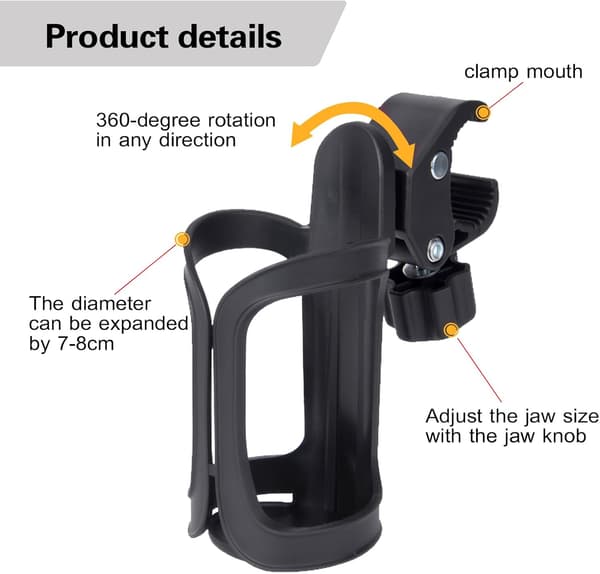 Universell koppholder for barnevogn, 360° roterbart justerbart flaskefeste