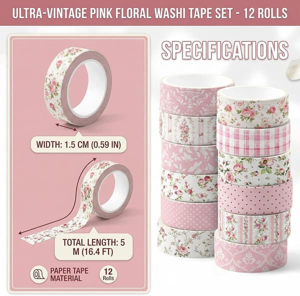 12-pack blommigt washitejp-set 15 mm rosa dekorativ tejp för pyssel