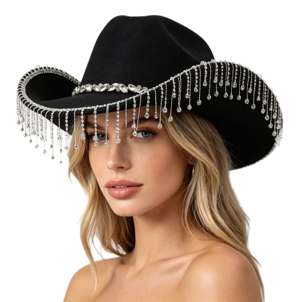 Sort Rhinestone Fringe Cowboyhat til kvinder fest bryllup