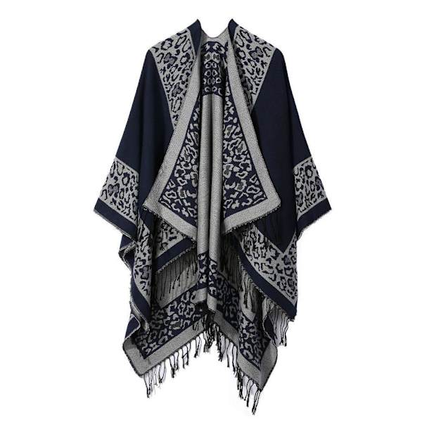 Print sjal Scarf Öppen front Poncho vinterkofta med tofs för dam