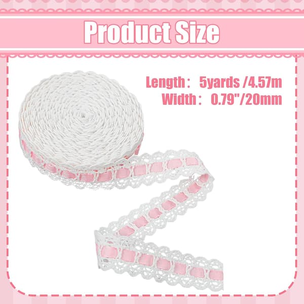 Hvitt blondebånd 5 yards med rosa satenginnlegg 2,5 cm bred kant til søm og DIY