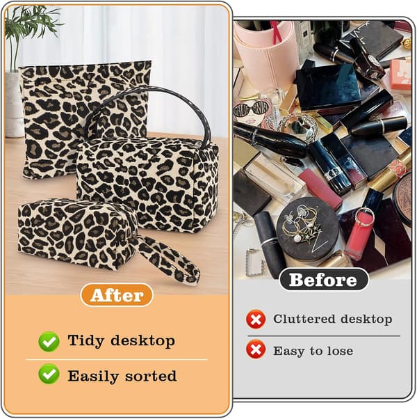 3-delt makeup-taskesæt med leopardprint, kosmetik- og toilettasker til rejsebrug