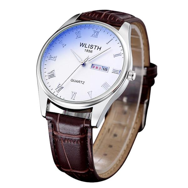 Watch för män Casual Watch Läderarmband Vit urtavla med datumblått ljus