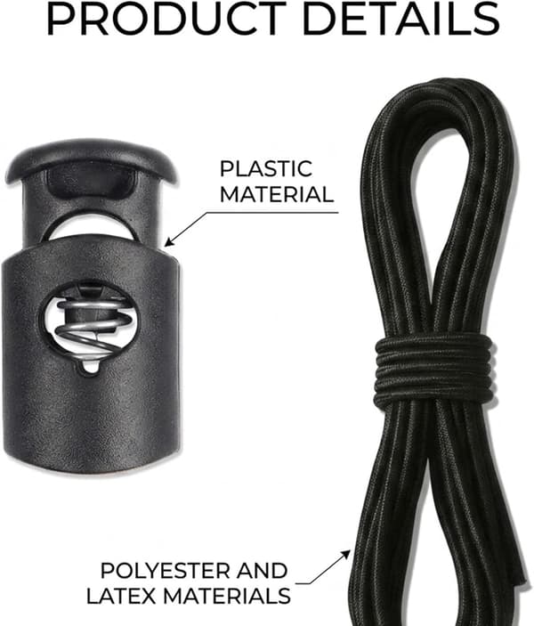 30 stk. snorstrammere med 10 m svart elastisk snor for DIY-håndverk