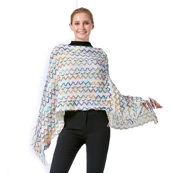 Färgglad geometrisk ponchofransad fåll Batwing Blus Stickning Cape med tofs för dam