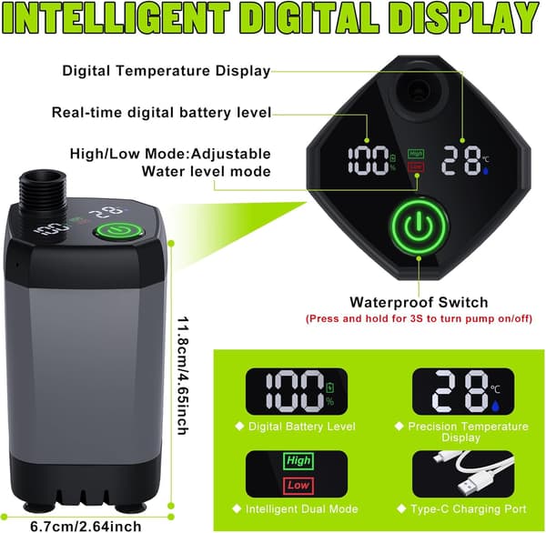 Bærbar campingbruser 6000mAh genopladelig LED-display 4 sprøjtetilstande