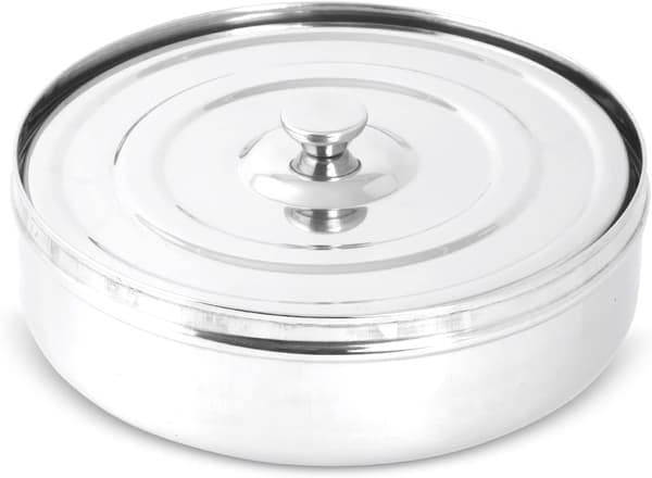 Krydderiboks i rustfrit stål med 7 beholdere, skeer og dobbeltlåg, 20,3 cm rund
