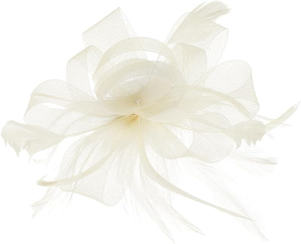 Elfenbenshvit fascinator for kvinner, fjær- og blomsterhodeplagg i netting til bryllup