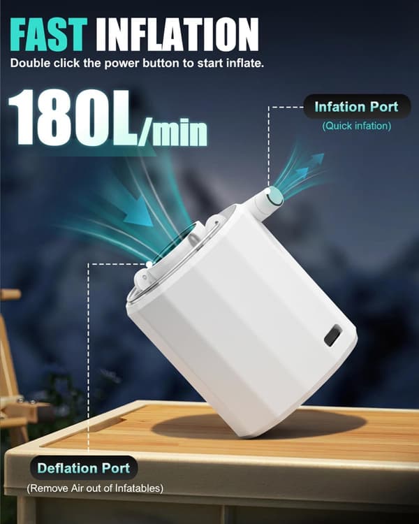 Mini-luftpumpe med campinglykt, 1600 mAh batteri, 5 dyser