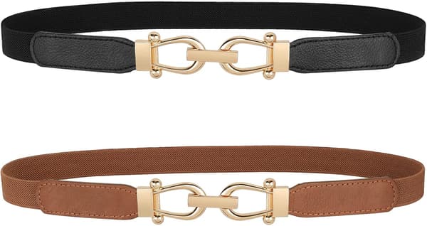 2-pack smala elastiska midjebälten retro stretchbälten med guldspännen