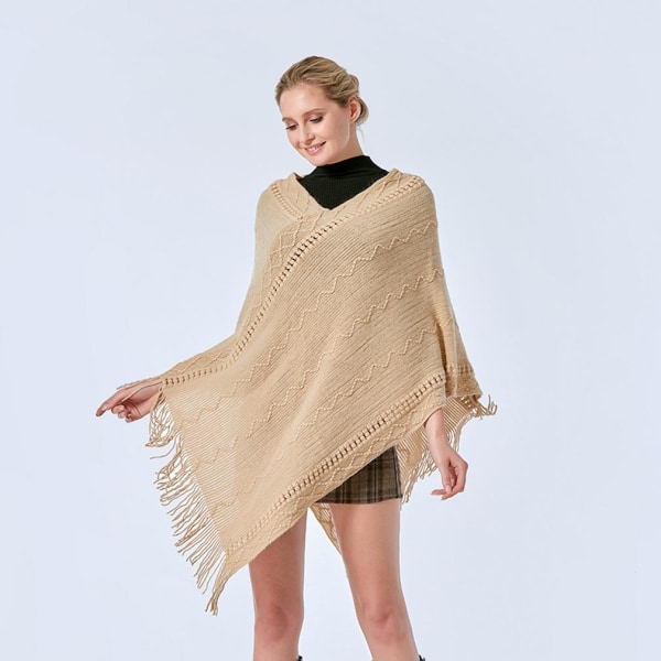 Varm Lös Sjal Pullover Stickning Poncho med Tofs Batwing Blus för Dam