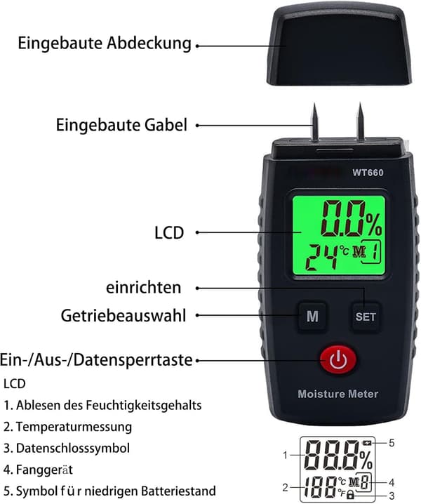Digitaalinen puun kosteusmittari LCD-taustavalolla, kahden piikin kosteustesteri