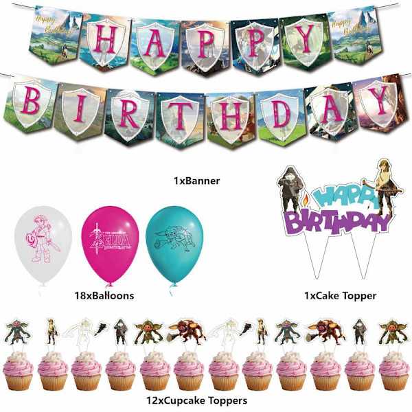 Legend of Zelda Princess Födelsedagsballonger med Banner Cake Topper Latex Ballongset Set