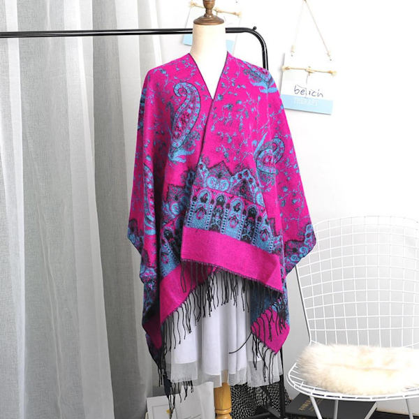 Pashmina Scarf Warm Shawl Wrap Open Front Poncho med tofs för Lady Etnisk stil