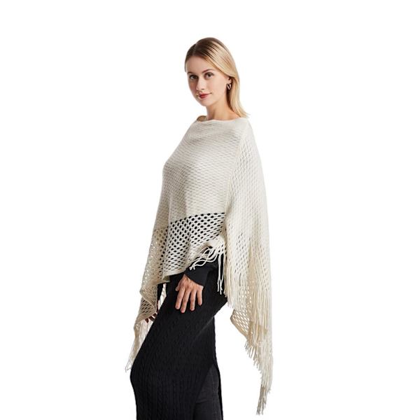 Urhålad Poncho Vit Fladdermusblus Stickkappa med tofs för dam