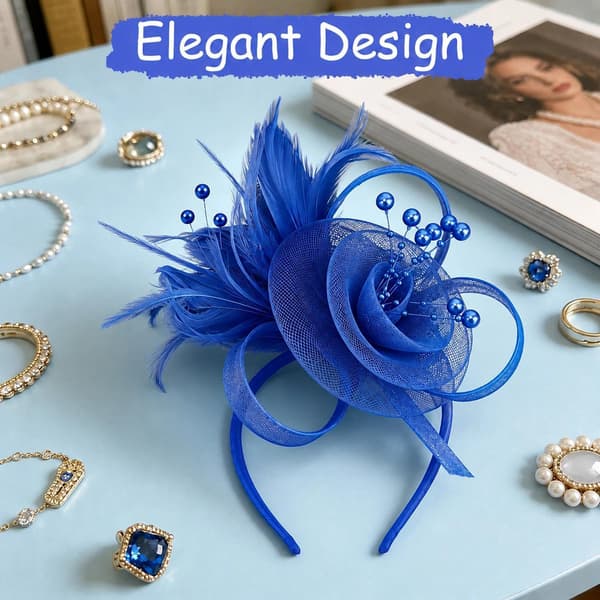 Kongeblåt blomster- og fjer-fascinator-hårbøjle til bryllupper og fester