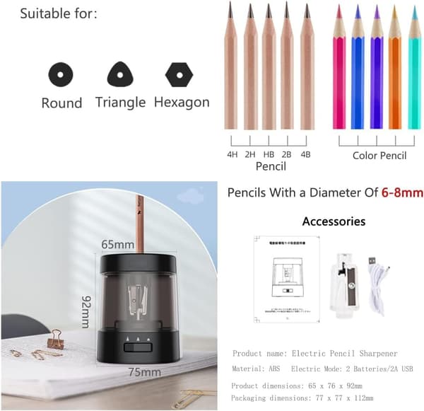 Elektrisk pennvässare, 3 inställningar, USB-ström för 6-8 mm pennor, svart