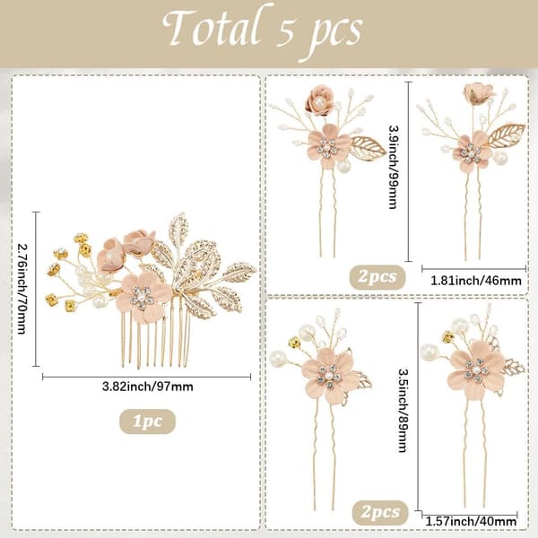 5-delt lyserødt brudehårnålesæt, blomstret perle- og krystalkam til bryllup