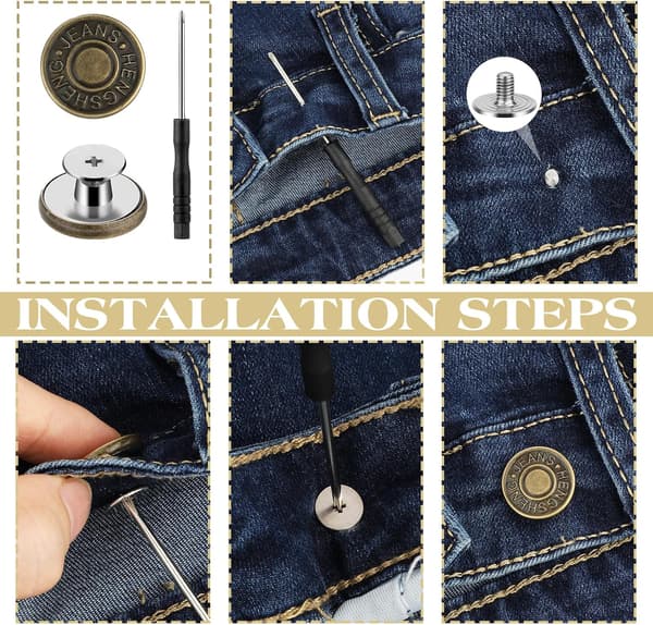 12-pack 17 mm justerbara jeansknappar, metallset för utbyte utan sömnad, brons