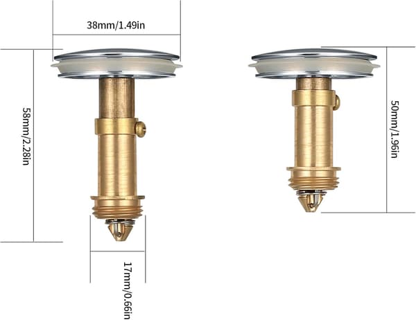 2 stk 38 mm servantplugger i messing, klikk-klakk avløpsstoppere for bad