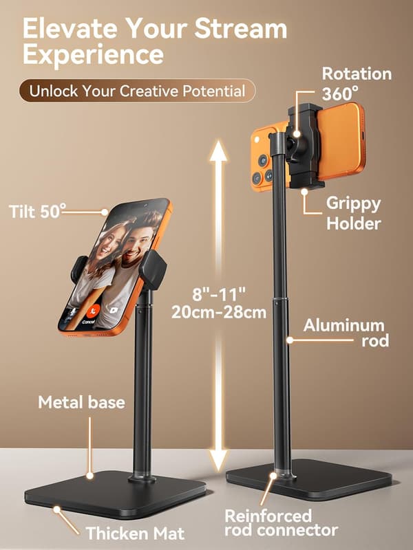 Justerbar telefonholder til skrivebord, 360° roterbar holder til 4-7 tommer telefoner