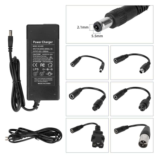 42V 2A EU Stik Oplader med 2,1 mm Port og Seks Adapterkabler til E-Scootere