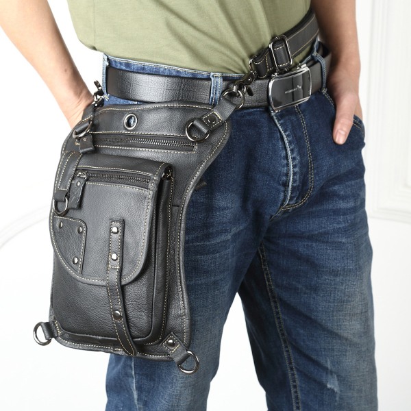Svart läder benväska Drop midjeväska, lår Fanny Pack för resor utomhus