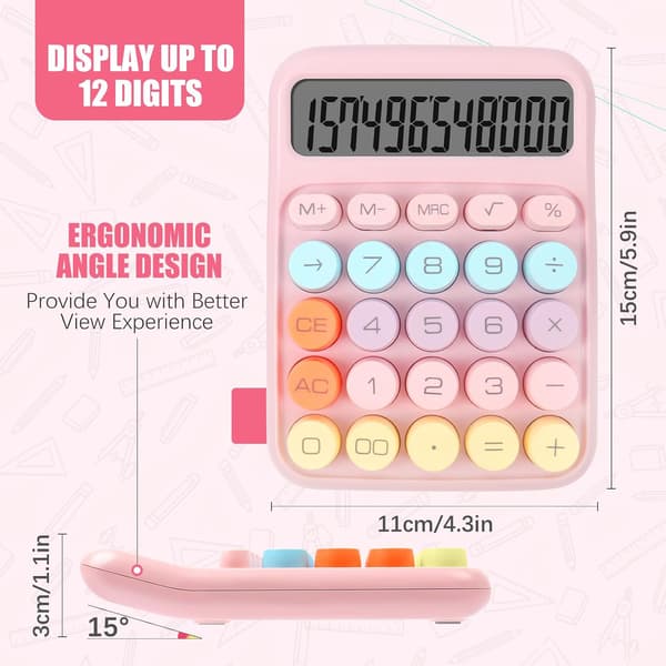 12-siffrig skrivbordsräknare med stor LCD-display och runda knappar, rosa