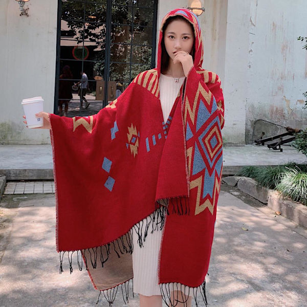 Geometrisk tjock sjal för damer Lady Poncho Pashmina Cardigant filt med tofs