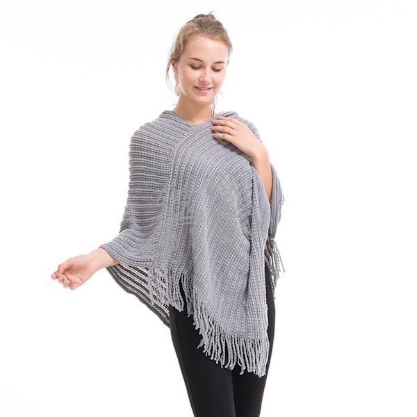 Hoodie Poncho vinterstickad sjal omslag med tofs för dam