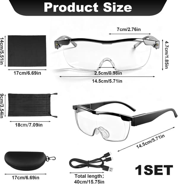 LED-förstoringsglasögon 300 % handsfree USB-uppladdningsbart läsförstoringsglas