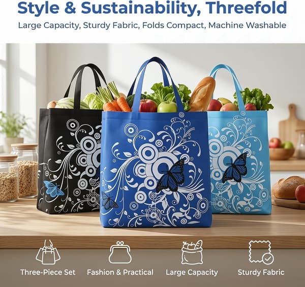 3-pack hopfällbara shoppingväskor, återanvändbara tygkassar i polyester med fjärils- och blommönster