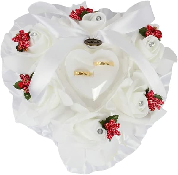 Hjerteformet bryllupsringpute med roseblomster og gjennomsiktig ringholder