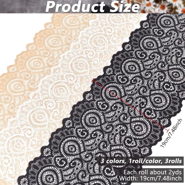 6 yards 3 farger elastisk blondebånd 19 cm bredt for søm og hobbyprosjekter