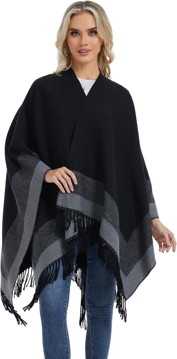 Poncho-cape med öppen front för dam, oversized sjal, randig kofta med fransar