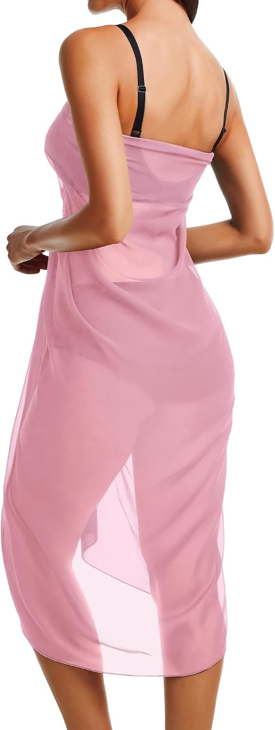 Rosa strand-sarong för dam, lätt och transparent lång bikini-omlott i polyester