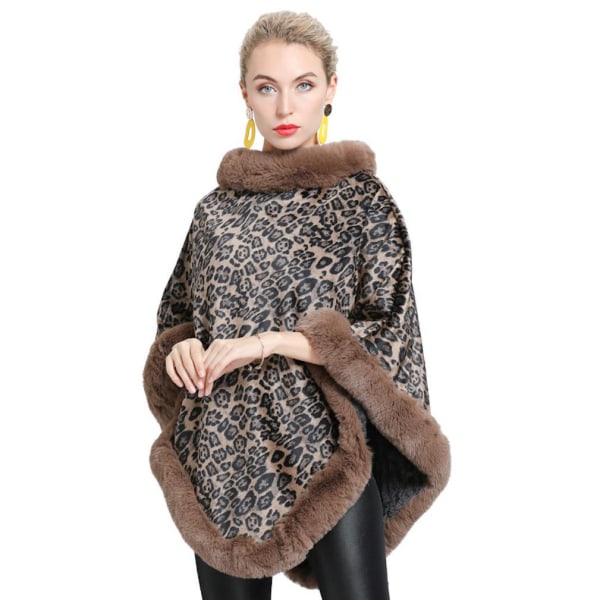 Leopard Print Pullover Wrap Shawl with Faux Fur Trimming Loose Blanket for Lady