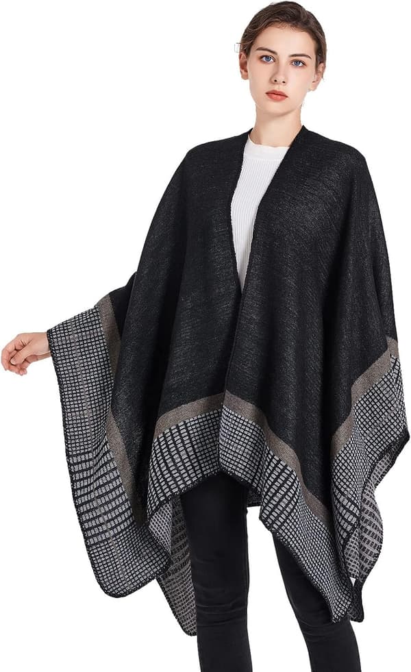 Stickad poncho-sjal för dam, oversized, varm cape-kofta med öppen front