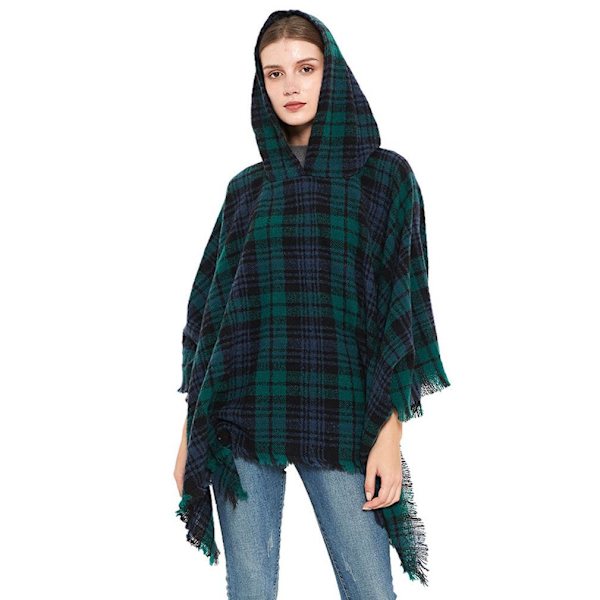 Spring Autumn Rutig Pullover Hoodie Cape med tofs lös Poncho för Lady Chirstmas