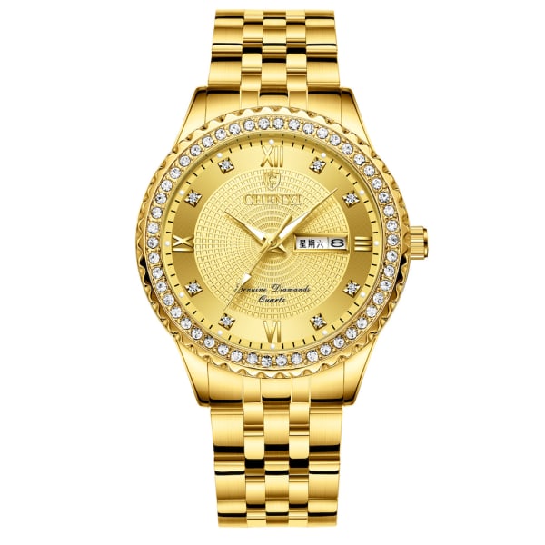 Herr Quartz Diamond Watch Waterproof Watch Gold Urtavla med datum rostfritt stål