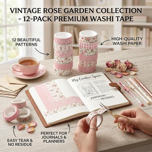12-pack blommigt washitejp-set 15 mm rosa dekorativ tejp för pyssel