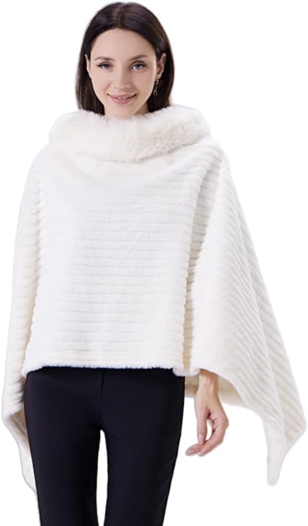 Poncho-cape för kvinnor med fuskpälskrage, pullover-sjal i polyester för vintern