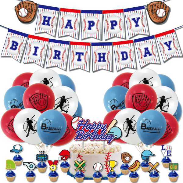 Basebolltema födelsedagsballonger med banner Cake Topper Latex set Festdekoration