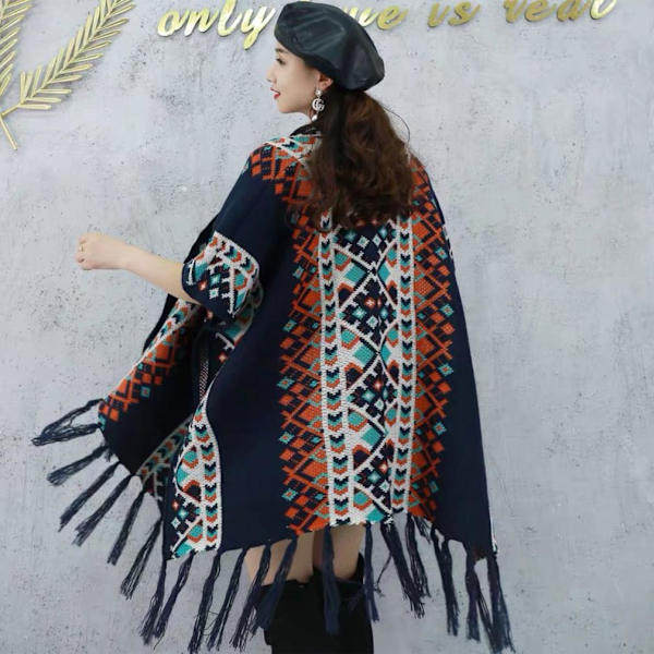 Höst Vinter Sjal Wrap Tjock Poncho Batwing Blus med Tofs för Dam