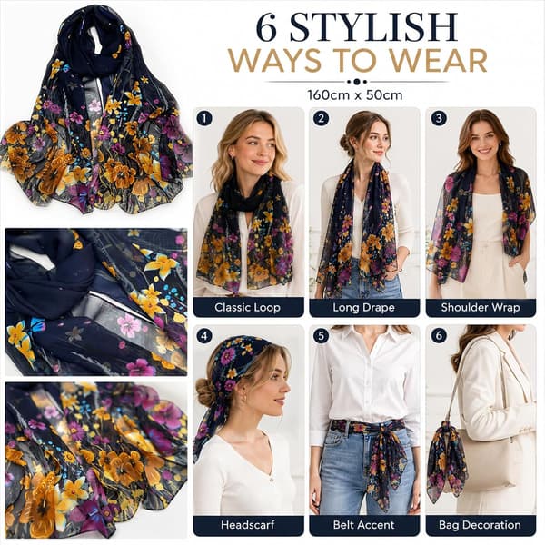 Blomstrete georgette-chiffonskjerf for kvinner, lett sjal for kvelden