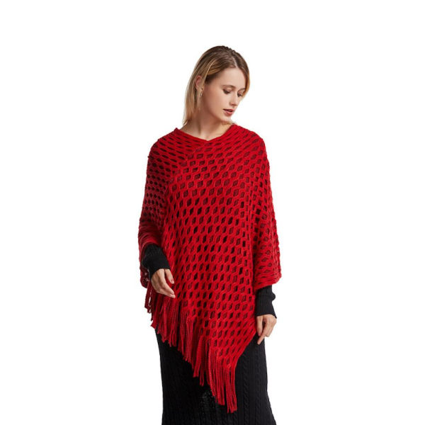 Röd urhålad Poncho Batwing Blus Long Cape Crochet Sweater Coat for Lady