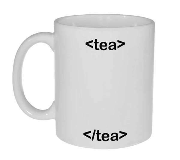 Sjov Te Keramisk Krus, 350ml Kapacitet, “<tea>” HTML Kode Design, Perfekt til Teelskere og Programmører, 8.2x9.5cm