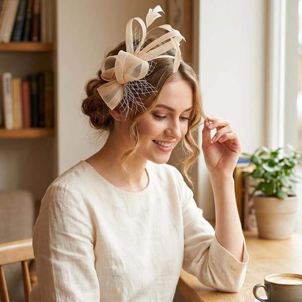 Sølvfascinator-hatt for kvinner, hodeplagg med fjær og bånd til bryllup